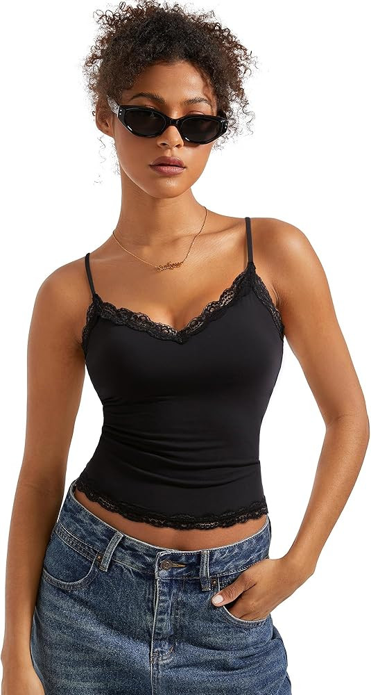 SUUKSESS Women Padded Lace Double Lined Tank Tops Sexy V Neck Summer Going Out Top | Amazon (US)