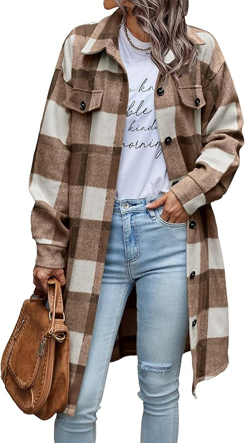 PRETTYGARDEN Women's Plaid Shacket 2023 Long Sleeve Button Up Flannel Shirt Winter Tartan Jacket ... | Amazon (US)