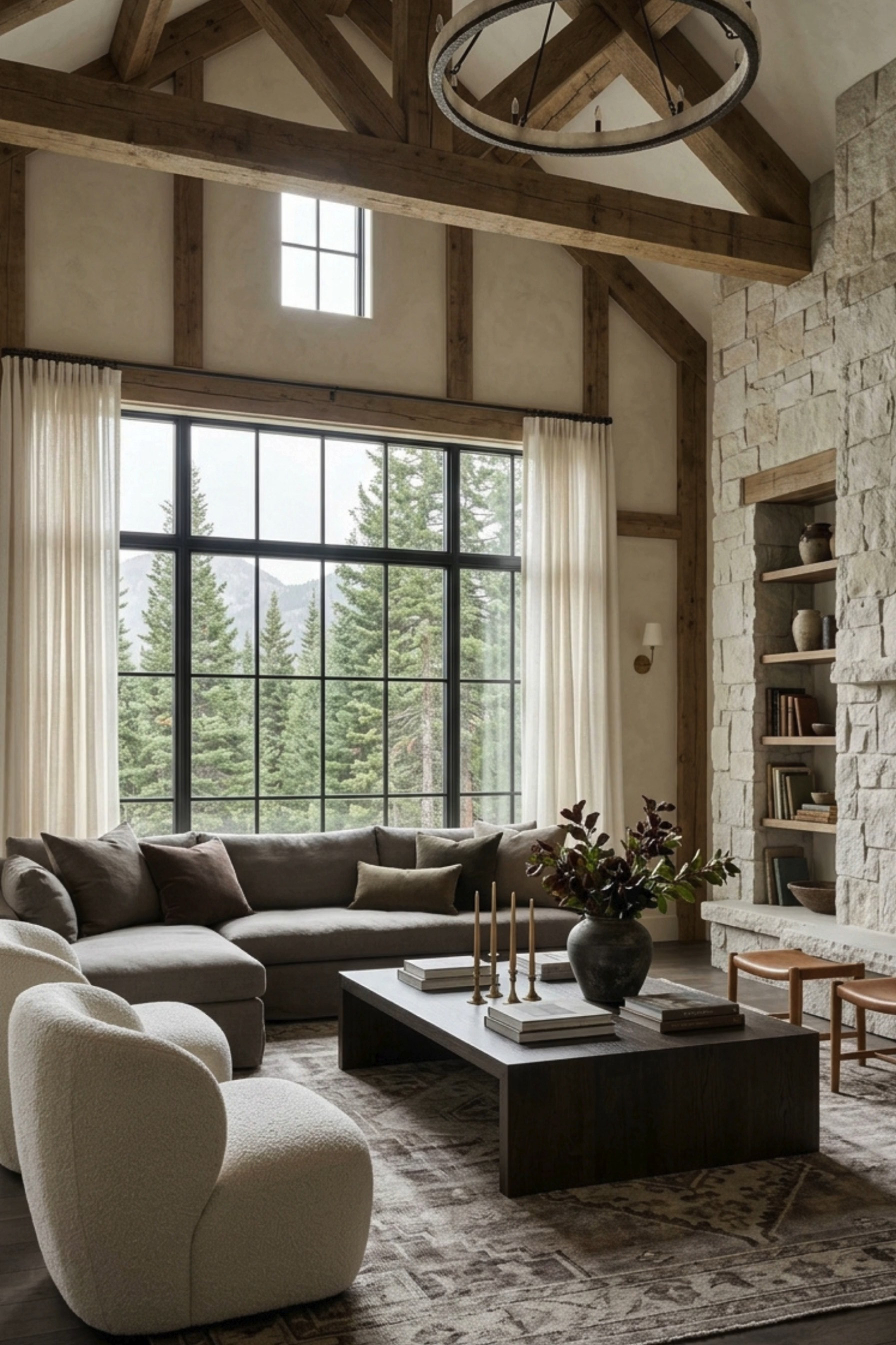 Rustic Mountain Living Room 🤎 This elevated great room blends organic modern style with rustic lodge warmth, featuring dramatic exposed wood beams, a vaulted ceiling, floor-to-ceiling stone fireplace, and oversized black-framed windows overlooking the mountains. A cozy neutral sectional, sculptural boucle chairs, dark wood coffee table, vintage-inspired area rug, leather stools, brass candlesticks, and oversized pottery create a warm, collected look. The mix of natural stone, rich wood, creamy textiles, and earthy accents makes this the perfect inspiration for a luxury mountain home, modern lodge, or cozy fall living room.

🖤 If you want to see more content like this, FOLLOW maeveandmodern on LTK, Instagram, and Pinterest! Check out our blog where we post daily, maeveandmodern.com!

Mountain Home Decor | Rustic Living Room | Modern Lodge Decor | Organic Modern Living Room | Luxury Mountain Home | Great Room Ideas | Vaulted Ceiling Living Room | Exposed Wood Beams | Stone Fireplace | Floor to Ceiling Fireplace | Black Frame Windows | Neutral Sectional | Boucle Accent Chairs | Curved Accent Chair | Dark Wood Coffee Table | Vintage Inspired Rug | Leather Stools | Brass Candlesticks | Oversized Pottery | Neutral Living Room | Earth Tone Decor | Rustic Modern Decor | Cozy Fall Living Room | Cabin Interior Design | Mountain House Inspiration | Collected Interiors | Warm Neutral Home | Designer Living Room | Natural Stone Decor | Timber Frame Home

#LTKHome #LTKSaleAlert #LTKSeasonal