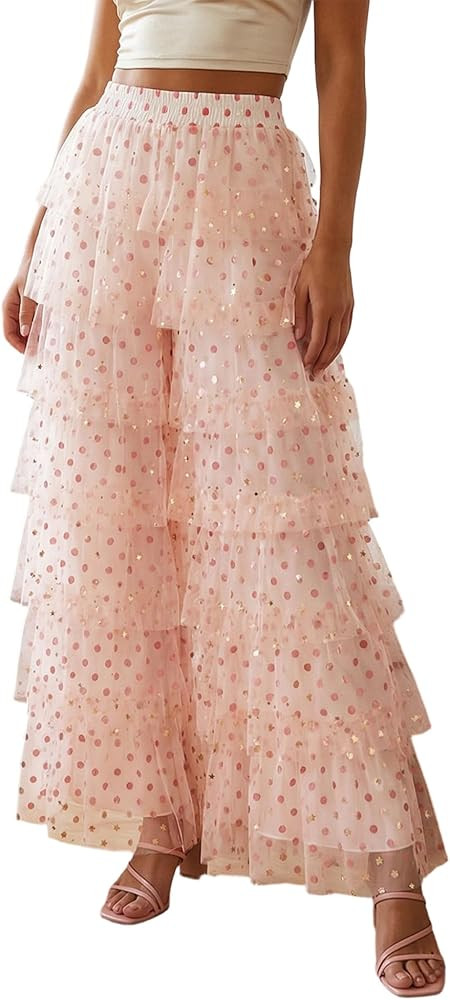 Women's Long Tiered Ruffled Tulle Pants High Waist Stripe Print Layered Mesh Wide Leg Palazzo Pan... | Amazon (US)