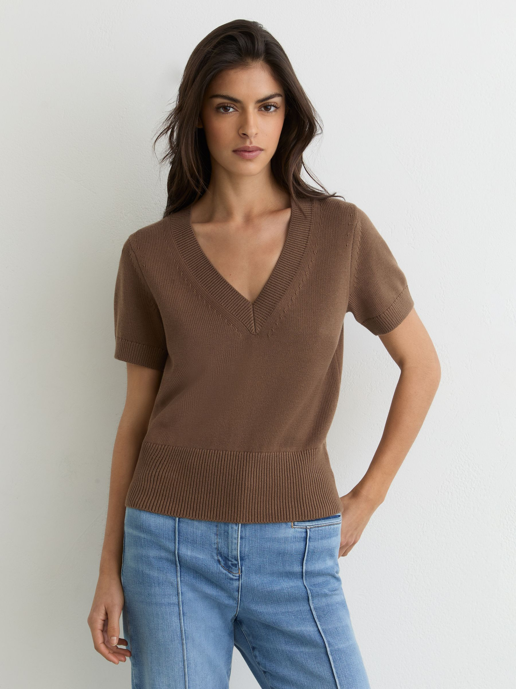 Reiss Cotton-Wool Knit V-Neck Top in Taupe Neutral - REISS | Reiss UK