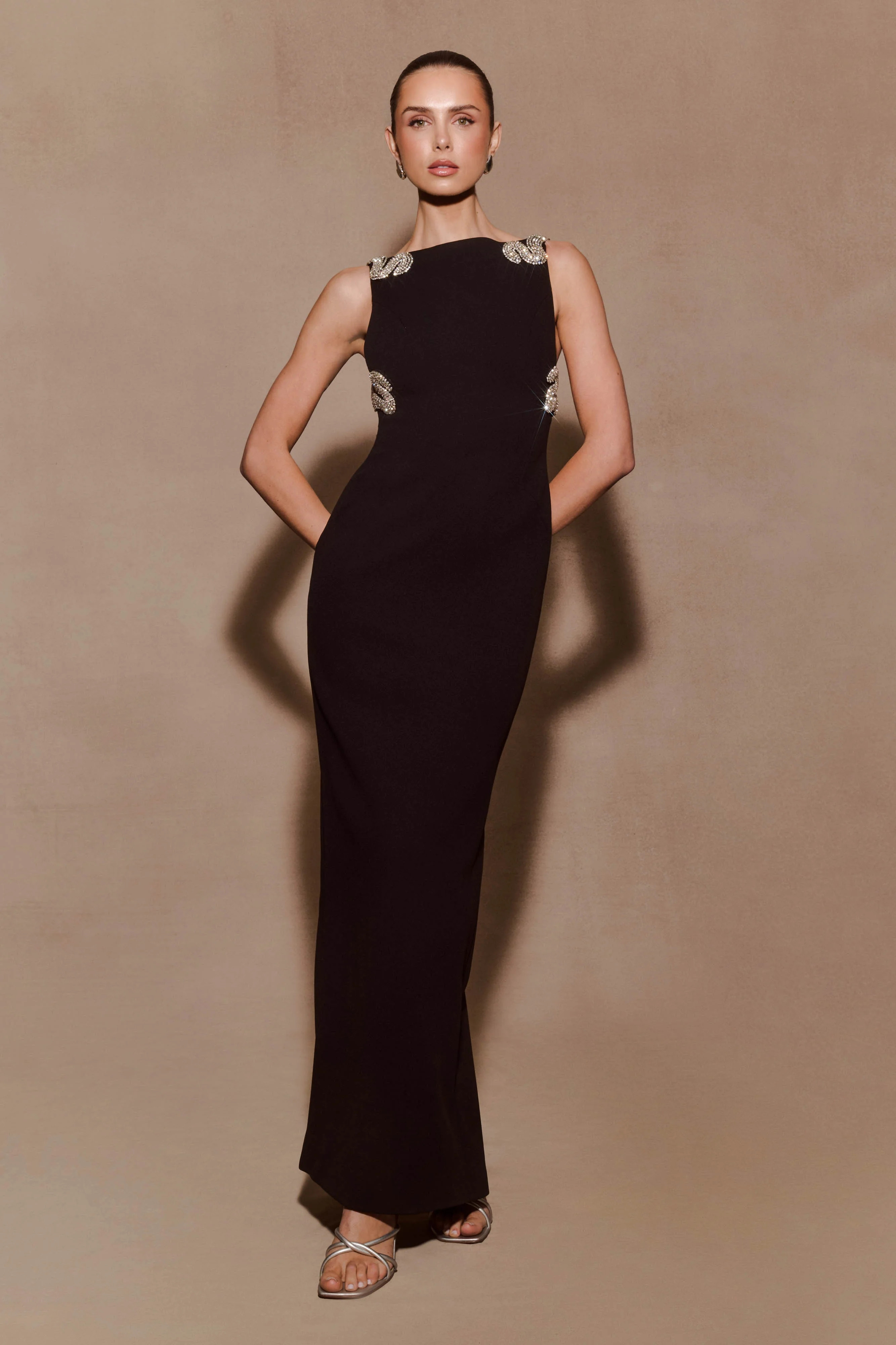 Lorde Embellished Crepe Maxi Dress - Black | MESHKI US