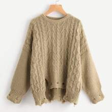 Cable Knit Raw Cut Stepped Hem Jumper | SHEIN