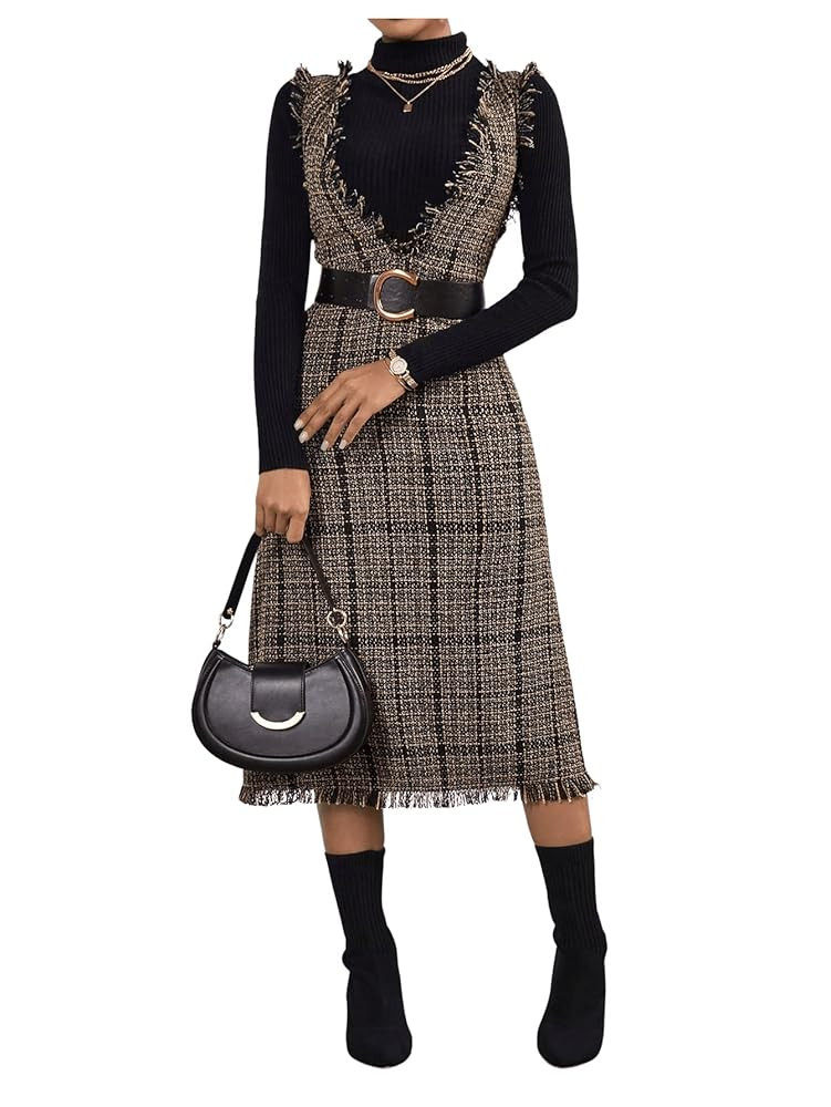 OYOANGLE Women's Plaid Print Sleeveless V Neck Raw Trim Overall Dress Work Causal Pinafore Dresse... | Amazon (US)