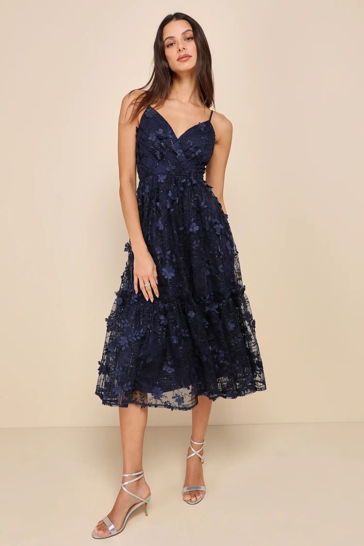 Springtime Soiree Navy Blue Sequin 3D Floral Applique Midi Dress | Lulus
