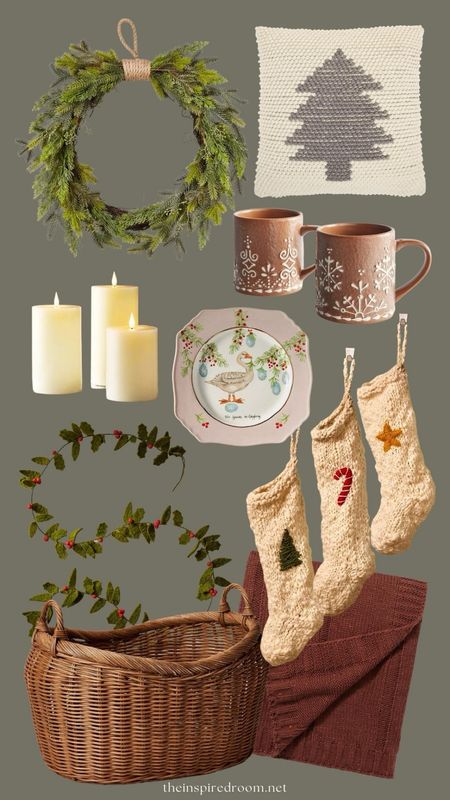 Christmas decor - wreath, gray tree pillow, gingerbread mugs, 12 days of Christmas plates, embroidered knit stockings, large basket, felt leaf garland, rust red throw blanket, battery operated candles 

#LTKhome #LTKHoliday #LTKSeasonal
