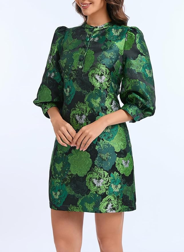 LADYFUL Women's Floral Jacquard Shift Dress 2026 Long Puff Sleeve Button Up Elegant Cocktail Part... | Amazon (US)