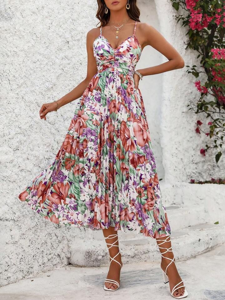SHEIN VCAY Women Summer Vacation Style Floral Print Pleated Hem Floor-Length Spaghetti Strap Dres... | SHEIN