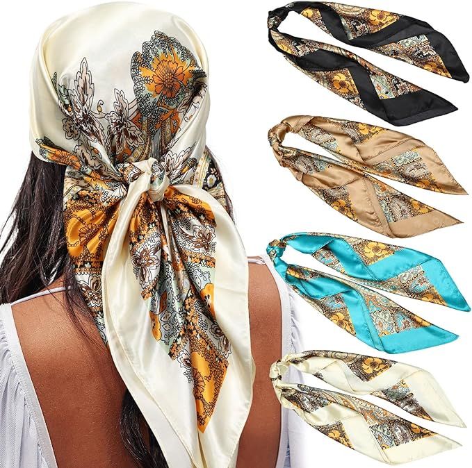 AWAYTR 35” Satin Large Square Head Scarves - 4PCS Silk Like Neck Scarf Hair Sleeping Wraps Sati... | Amazon (US)