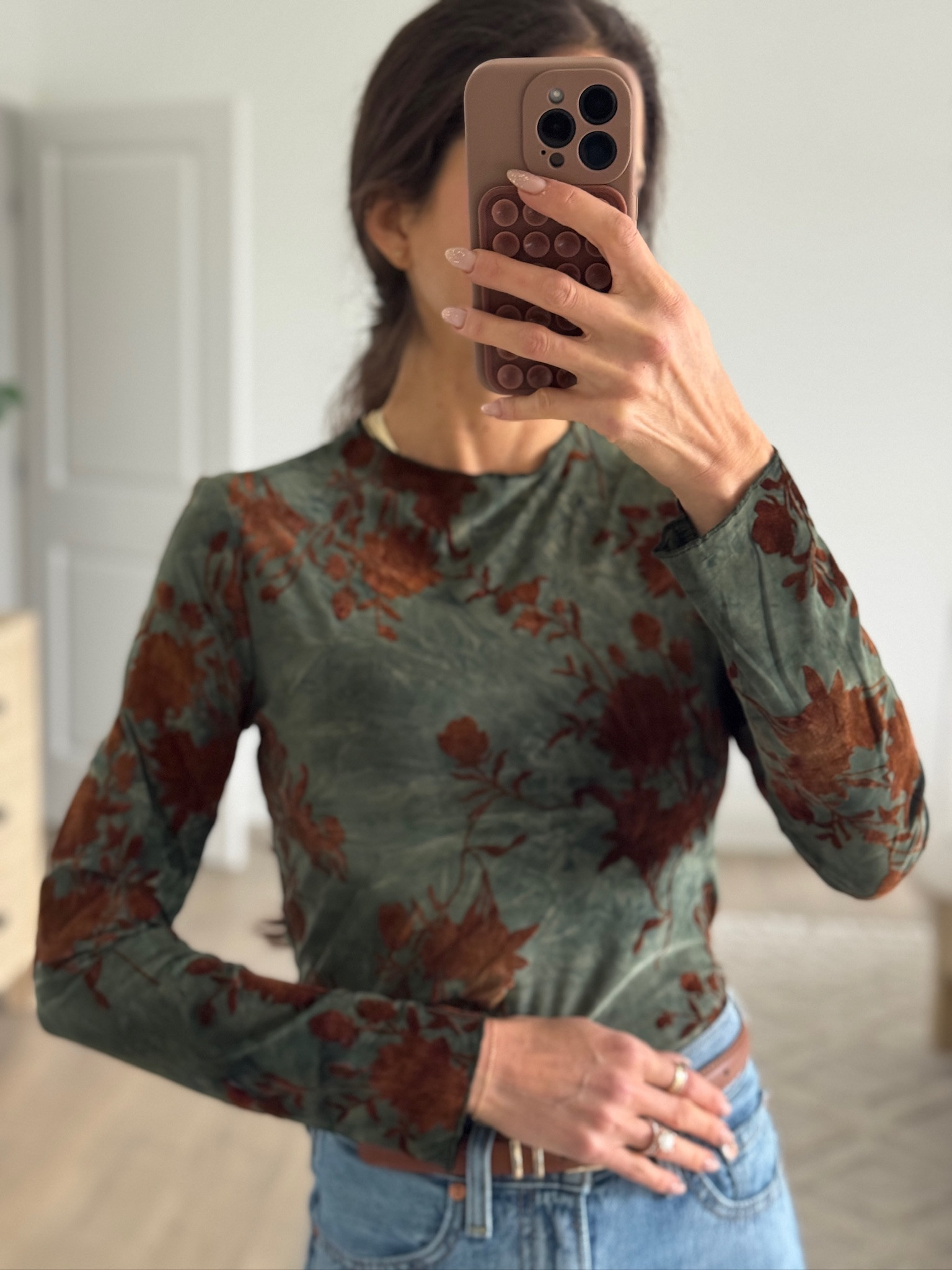 Green floral long sleeve top, fitted mesh top, sheer long sleeve shirt, fall outfit idea, casual everyday outfit, neutral fall top, layering top for fall and winter, long sleeve floral shirt, womens fall fashion, capsule wardrobe staple, classic denim outfit, fitted base layer top, lightweight long sleeve top, casual chic outfit

#LTKootd #LTKSeasonal #LTKmomlife