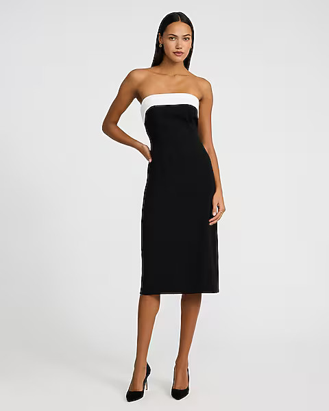 Strapless Color Block Fold Over Midi Sheath Dress | Express