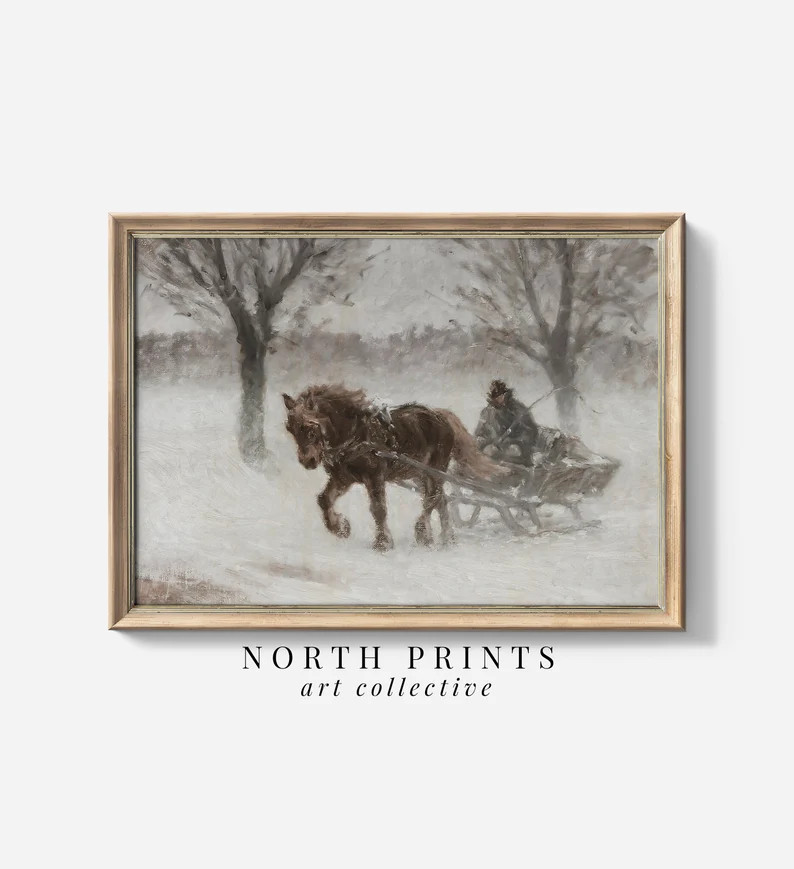 Country Winter Sleigh Ride Painting Vintage Holiday Farmhouse Wall Art PRINTABLE Digital Download... | Etsy (US)