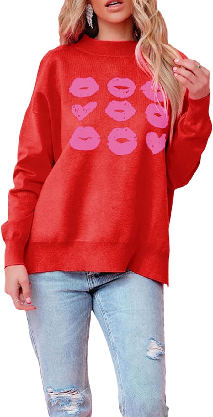 Yuemengxuan Valentine's Day Women Heart Print Sweater Long Sleeve Crewneck Sweatshirt Casual Knit... | Amazon (US)