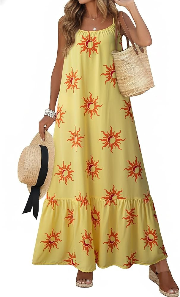 Dokotoo Women Summer Dresses Scoop Neck Ruffle Flowy Boho Maxi Dress | Amazon (US)