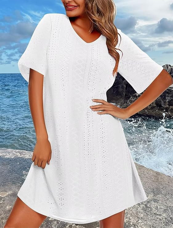 Womens Bathing Suit Cover Ups V Neck Summer Beach Flowy Beach Swimsuit Coverup Dress Eyelet | Amazon (US)