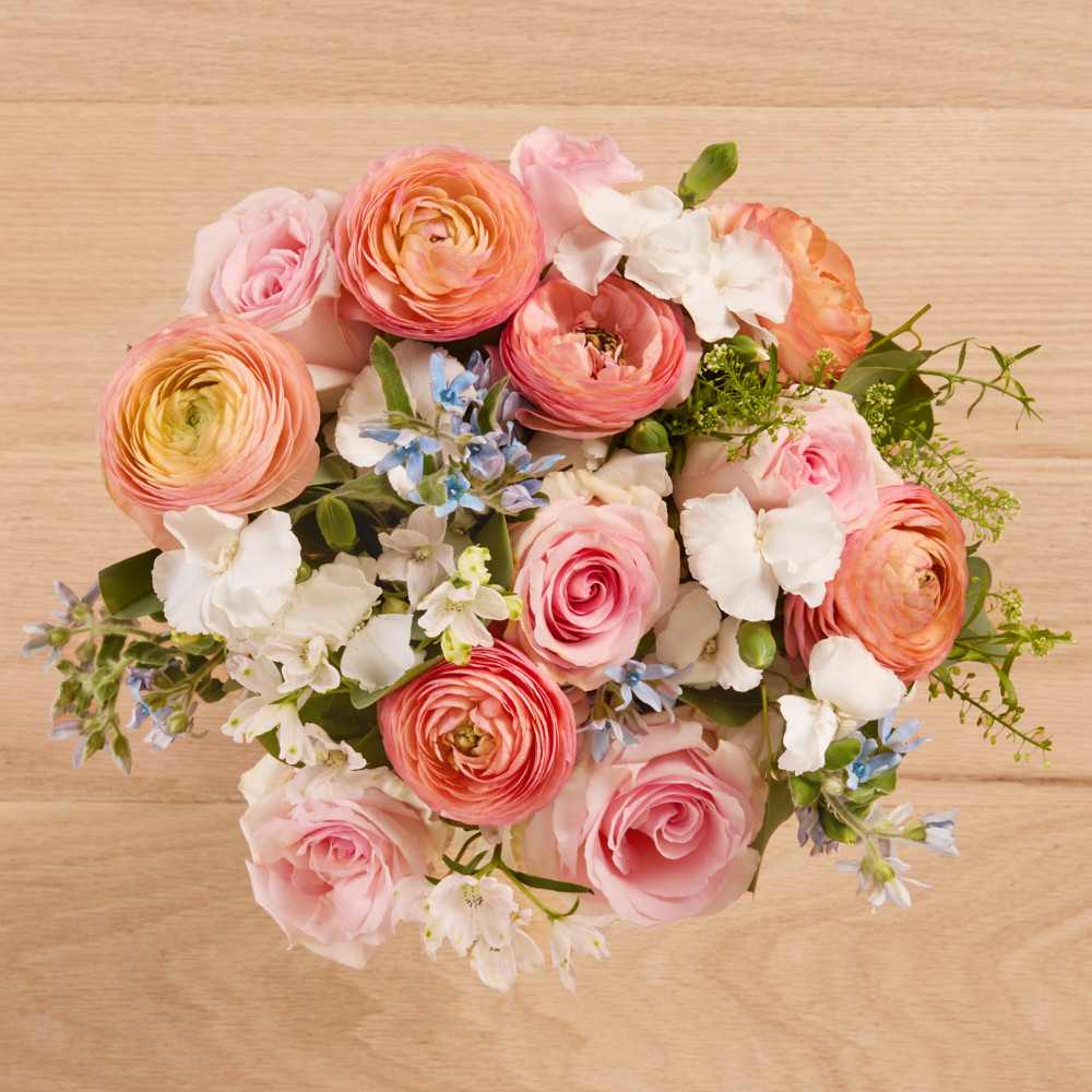 Mixed Pink and Peach Roses, Ranunculus & Delphinium - The Bouqs Co. | The Bouqs Co.