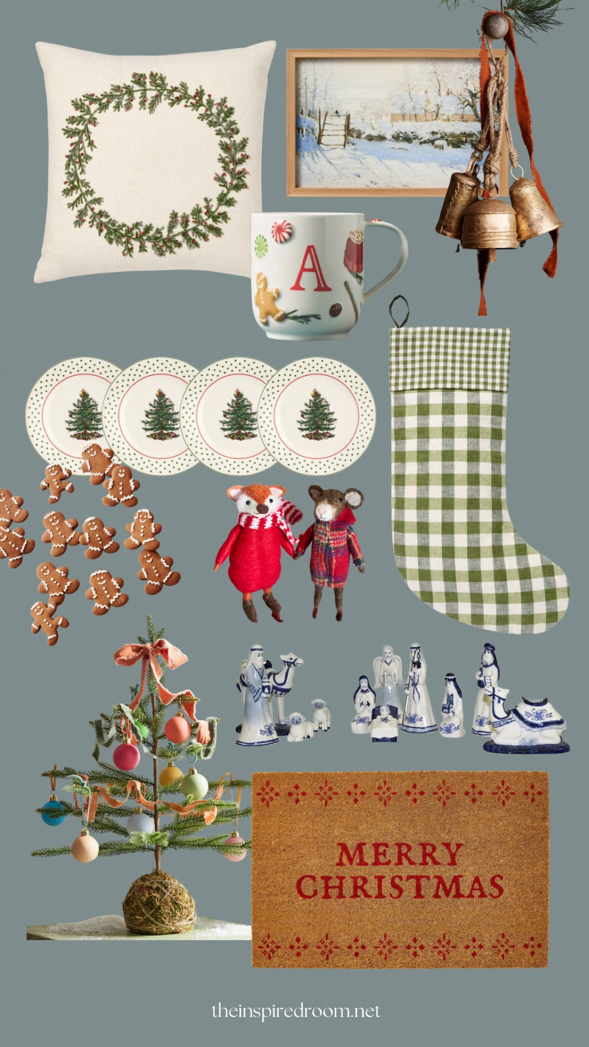 Christmas decor - stocking, tree plates, gingerbread cookies, pillow, blue and white nativity scene, mini tree, doormat, felt ornament, monogram mug, brass bells, winter art 

#LTKSeasonal #LTKHome #LTKHoliday