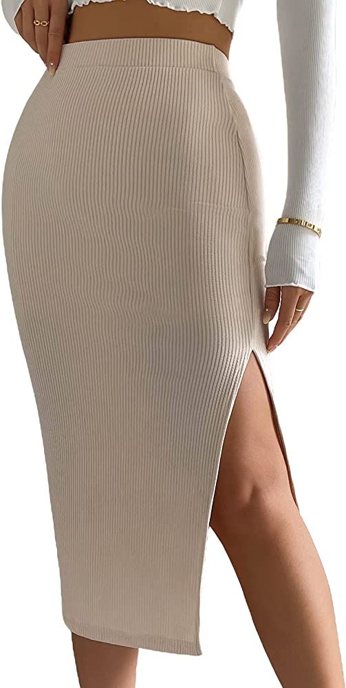 Verdusa Women's High Waist Slit Hem Rib Knit Midi Bodycon Skirt | Amazon (US)