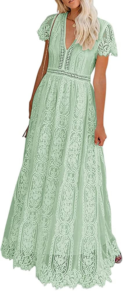MEROKEETY Women's V Neck Short Sleeve Floral Lace Wedding Dress Bridesmaid Cocktail Party Maxi Dr... | Amazon (US)