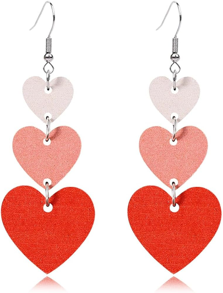 Valentines Day Love Hearts Wooden Drop Earrings Boho Rainbow Wood Love Heart Earrings for Women P... | Amazon (US)
