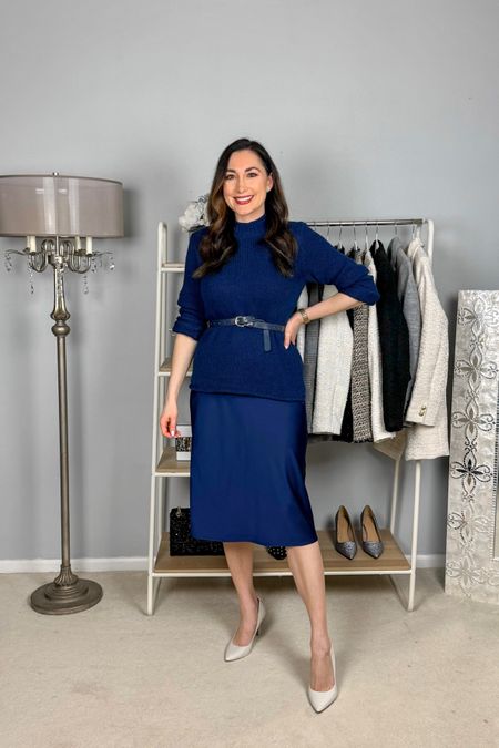 Monochromatic work outfit 💙

Navy sweater size small, TTS
Navy slip skirt size xs,  an size down if between sizes
White heels (linked similar)

Work wear 
Classy style 
Classic outfit 

#LTKworkwear #LTKfindsunder100 #LTKSeasonal