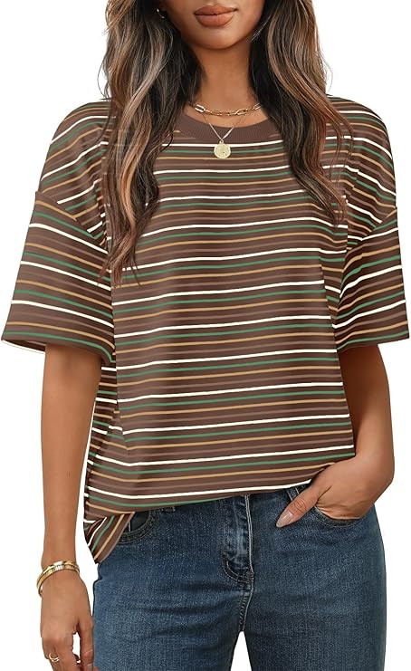 MEROKEETY Women's Summer Short Sleeve Shirt Casual Colourful Striped Crewneck Loose Tops Blouse | Amazon (US)