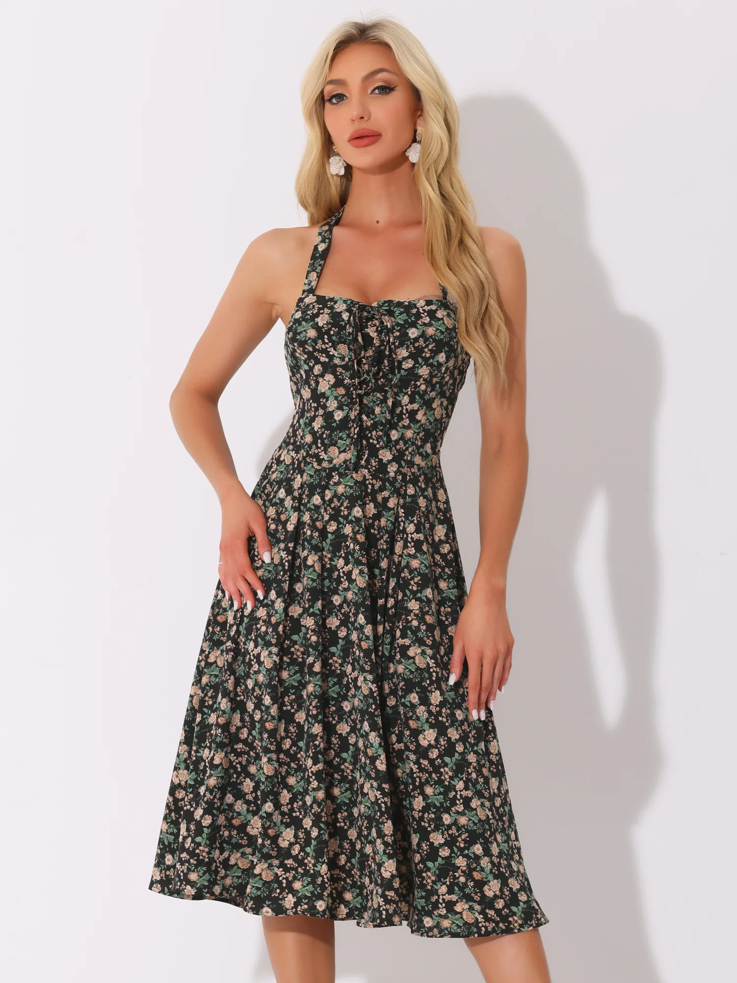 Halter Neck Floral Summer Sundress Sleeveless Lace Up Midi Dress | allegra-k