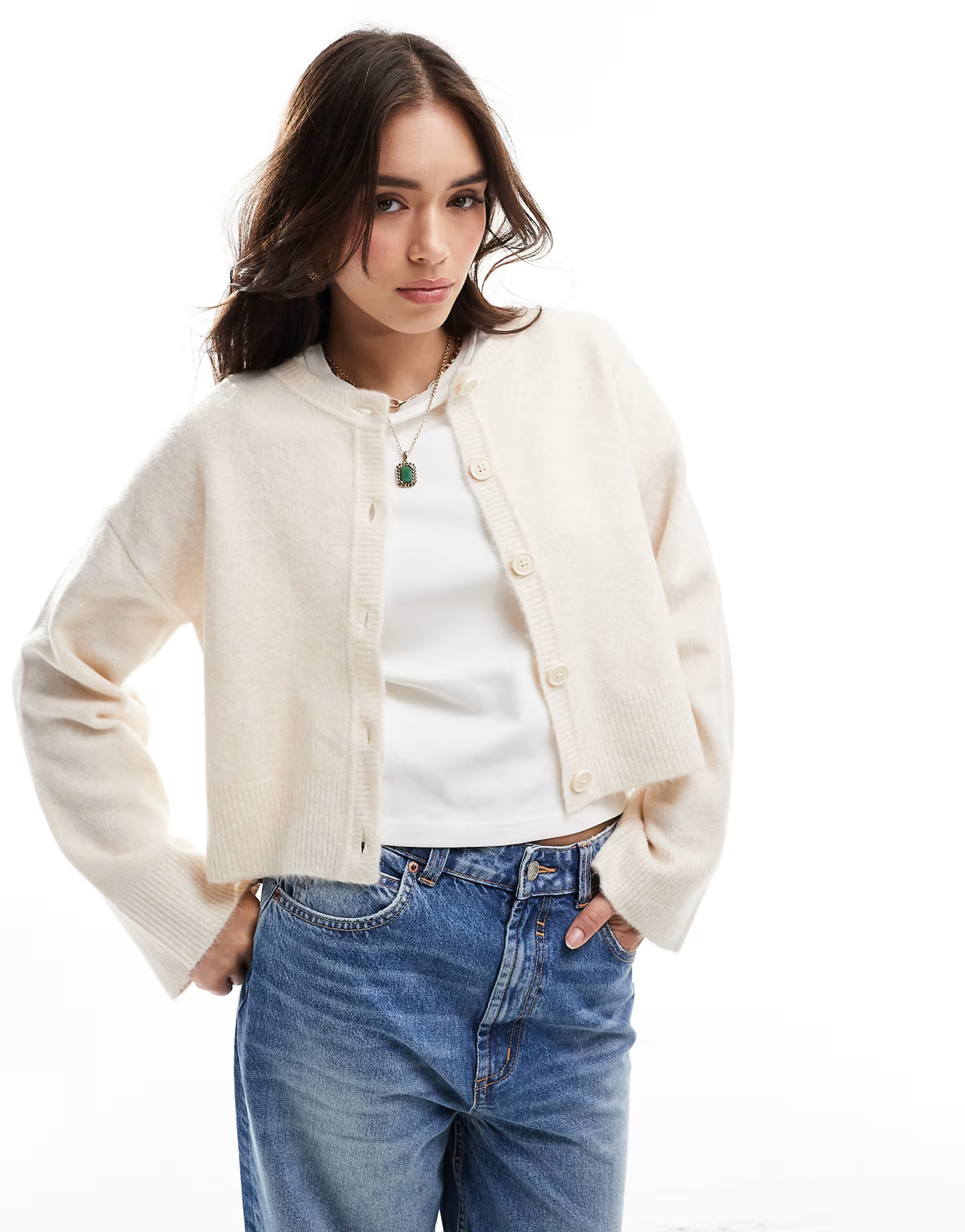 ASOS DESIGN crew neck cardigan in cream | ASOS (Global)