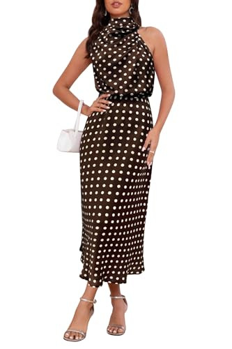 LUNAMODA Women's 2025 Summer Satin Dress Elegant Formal Sleeveless Mock Neck Wedding Guest Cocktail Party Maxi Dresses Brown White Poldot, Medium | Amazon (US)