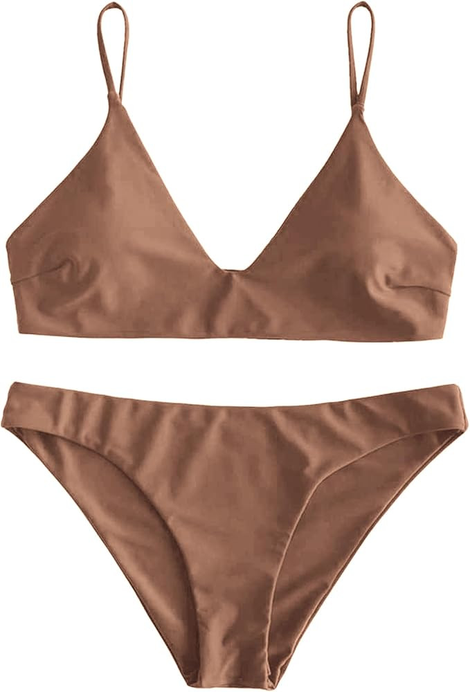 ZAFUL Women's Solid Spaghetti Strap Bralette Bikini Set Two Piece Swimsuit | Amazon (US)