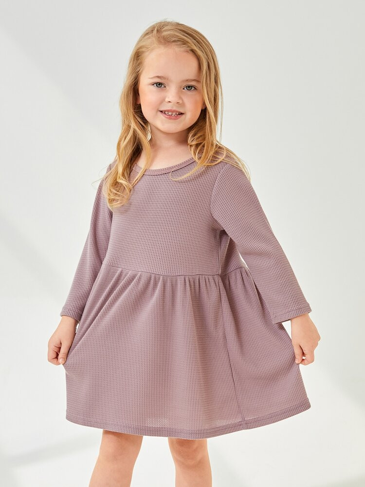 SHEIN BASICS Toddler Girls Scoop Neck Waffle Knit Smock Dress | SHEIN