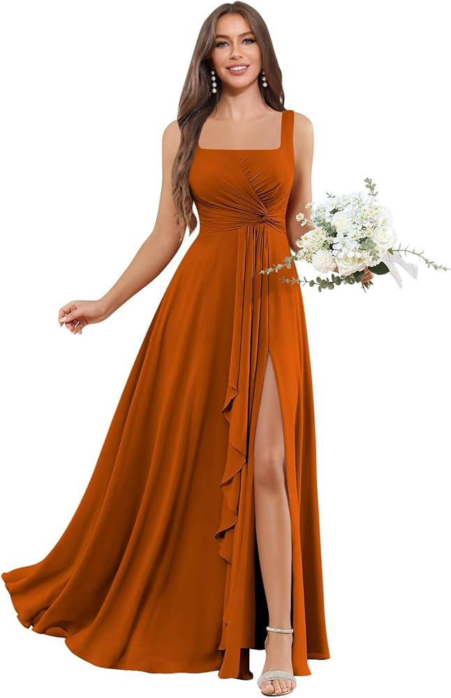 Ruffles Navy Blue Bridesmaid Dresses with Slit Square Neck Pleated Formal Dress for Women | Amazon (US)