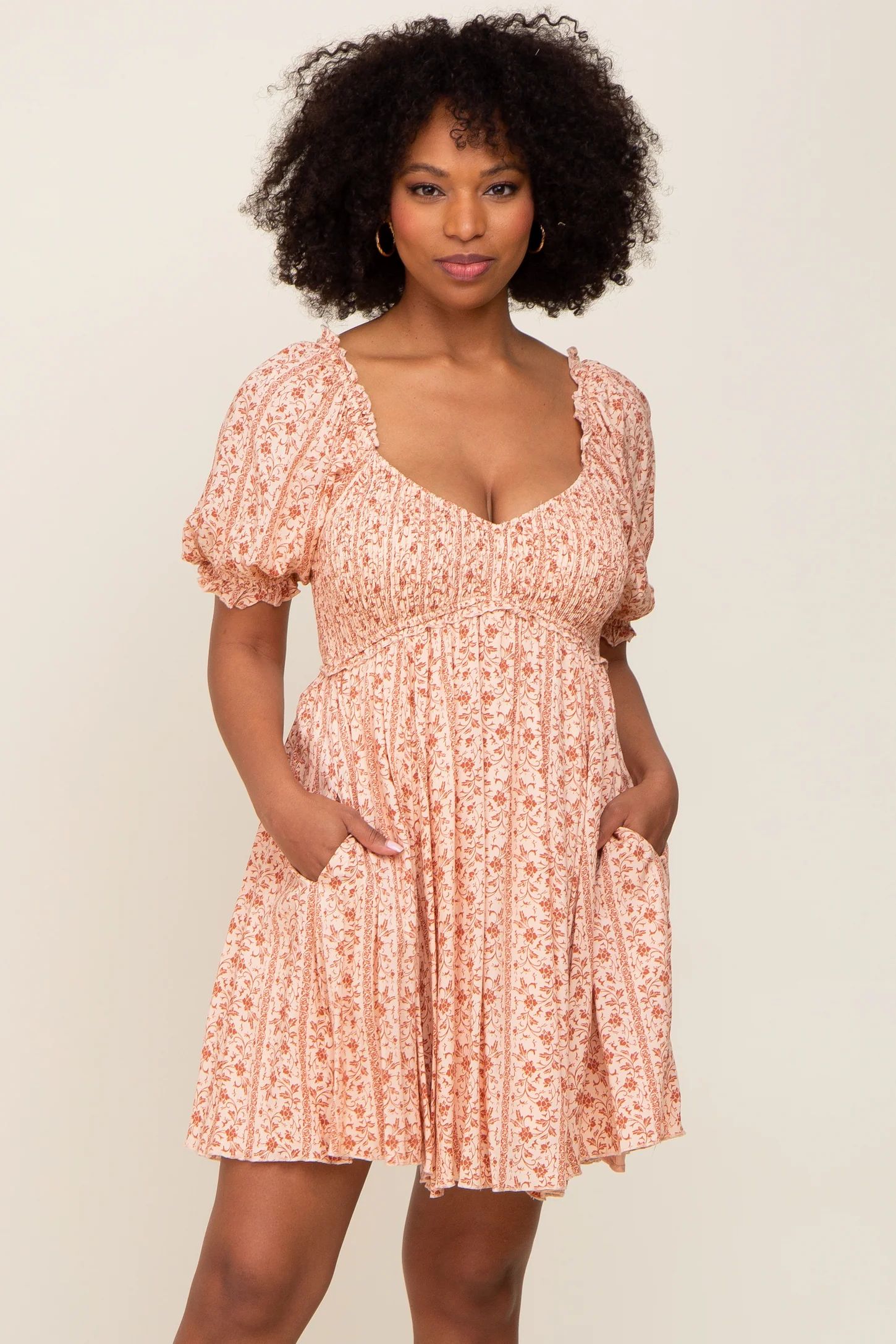 Cream Floral Puff Sleeve Smocked Mini Dress | PinkBlush Maternity