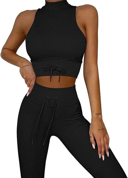 OQQ Workout Outfits for Women 2 Piece Seamless Ribbed Crop Tops With High Waits Leggings Exercise... | Amazon (US)