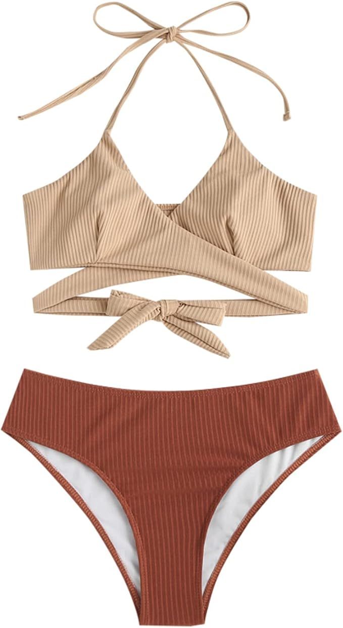 ZAFUL Women's Sexy Halter Wrap Bikini Cross-Cover Padded Swimsuits | Amazon (US)