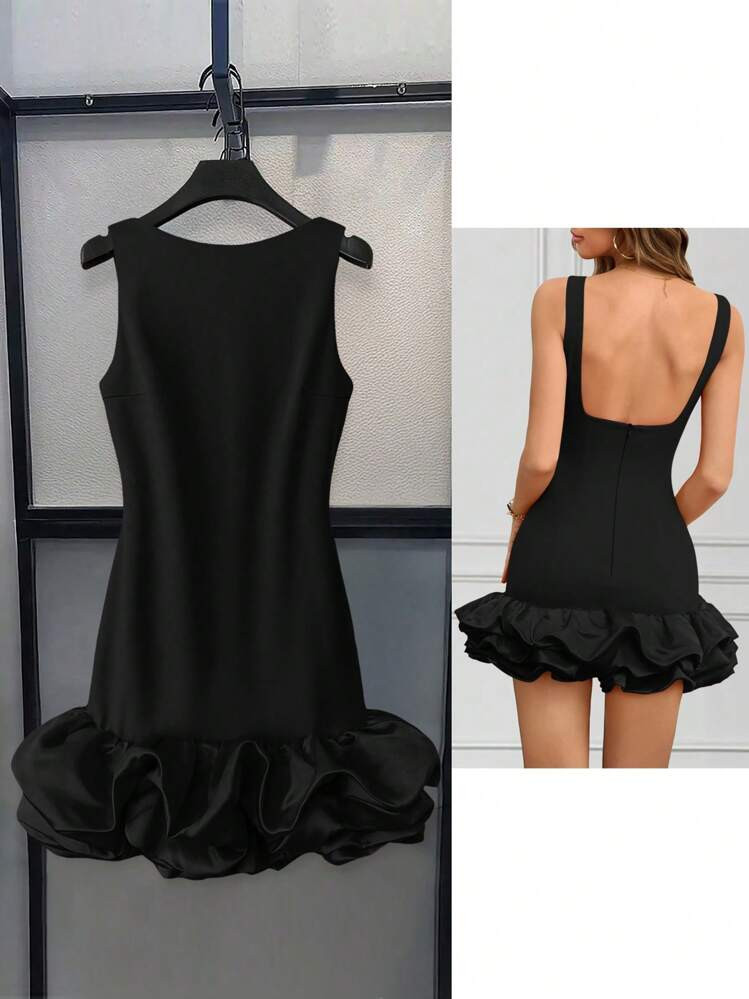 INAWLY Women's Elegant Solid Color Ruffle Hem Sleeveless Backless Slim Fit Mini Dress | SHEIN