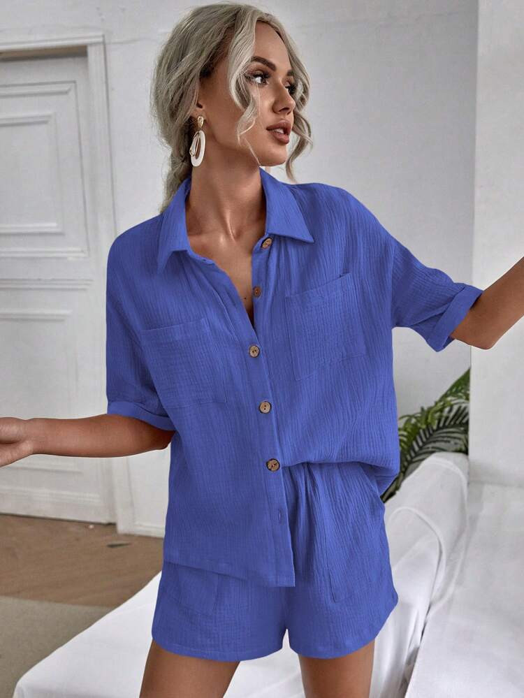 SHEIN EZwear ソリッド ボタンスルー シャツ 通販 SHEIN EZwear ソリッド ボタンスルー シャツ ピンクシャツ