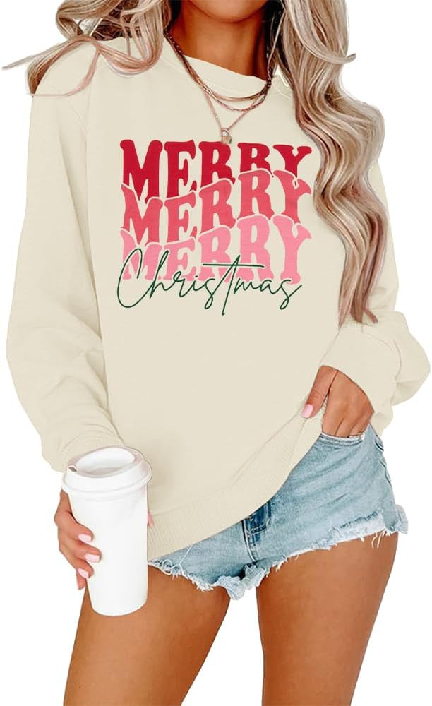 EGELEXY Merry Christmas Sweatshirt for Women Merry Letter Print Graphic Shirts Lightweight Christ... | Amazon (US)