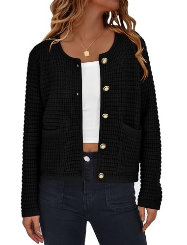 PRETTYGARDEN Women Knit Cardigan Sweaters Fall Fashion Long Sleeve Open Front Button Down Trendy Casual Jacket Winter Clothes (Black,Medium) | Amazon (US)