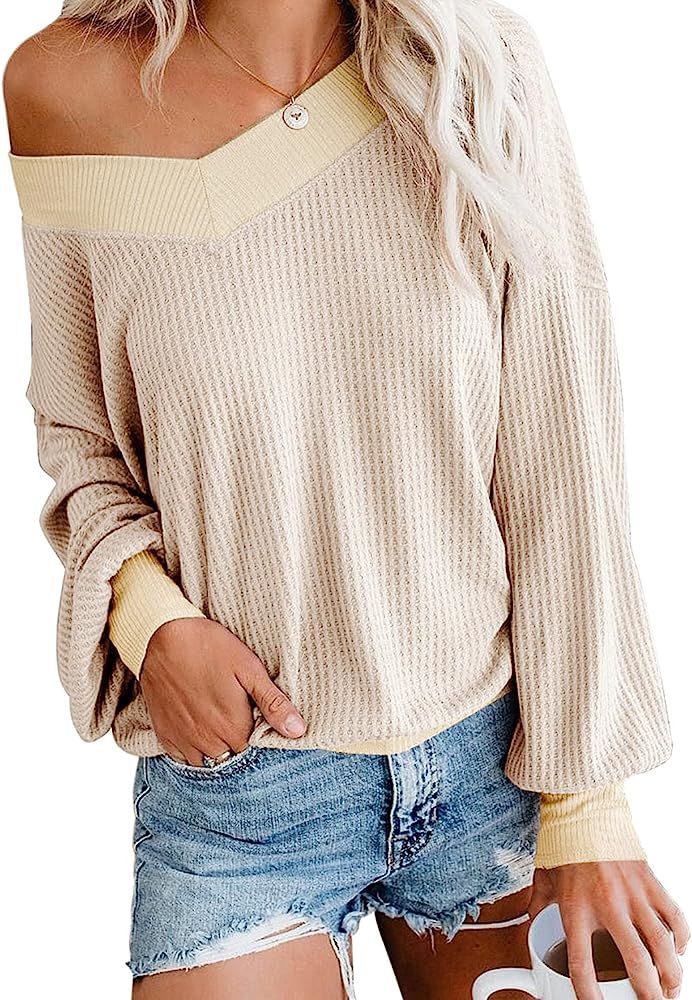 Adreamly Women's V Neck Long Sleeve Waffle Knit Top Off Shoulder Oversized Pullover Sweater | Amazon (US)