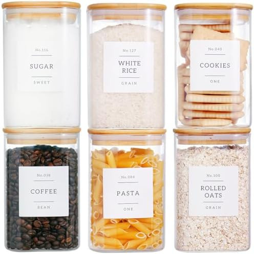 6 Pack Square Kitchen Storage Jars with Airtight Bamboo Lids and 132 Pantry Labels - 35oz Glass C... | Amazon (US)