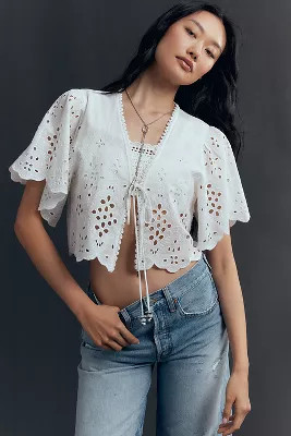 Maeve Tie-Front Eyelet Cropped Blouse | Anthropologie (US)