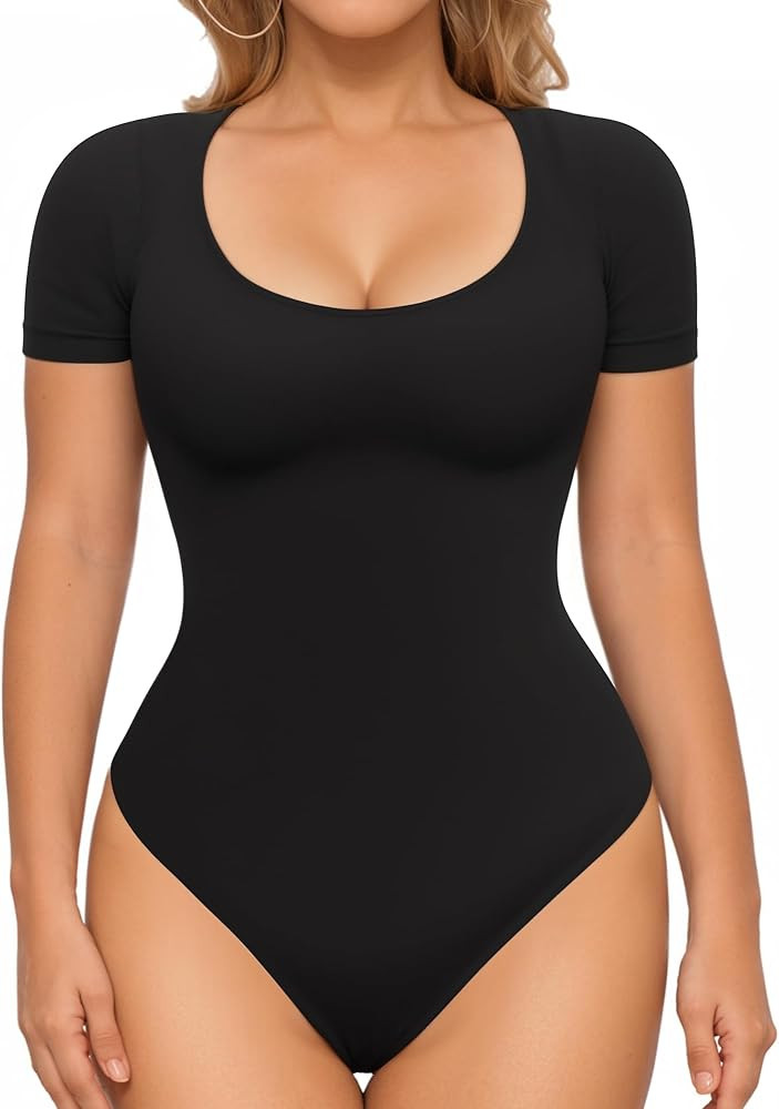MANGOPOP Shapewear Bodysuits for Women Tummy Control Scoop Neck Short Sleeve Seamless Thong Compr... | Amazon (US)