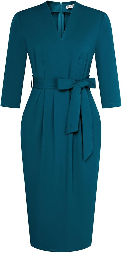 GRACE KARIN Womens Work Dresses V Neck 3/4 Sleeve Back Zipper Tie Waist Bodycon Dress Office Cock... | Amazon (US)