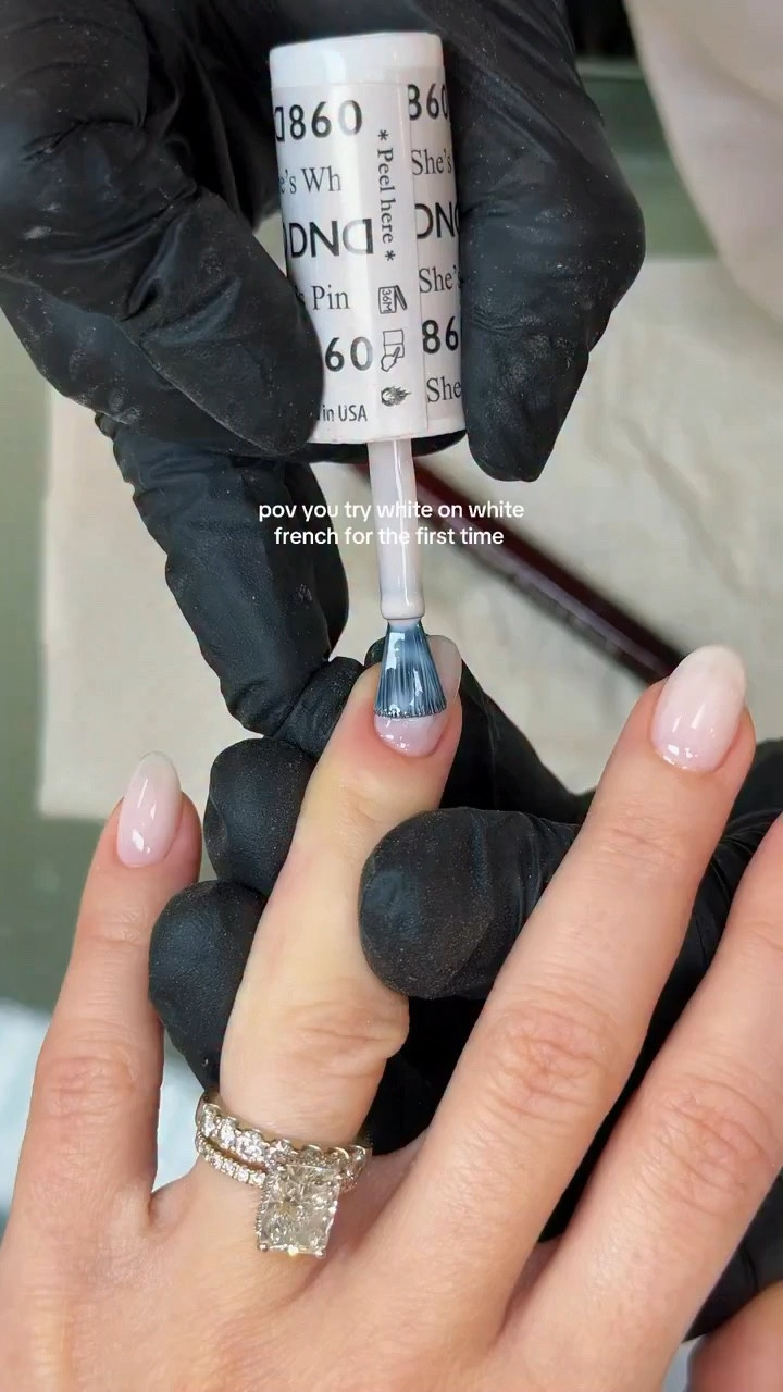 nail combo you need to try, white on white french with @dndgel 860 she’s pink she’s white + a French tip. Nails by @spazio.ella ella the best nail salon in Miami with amazing cuticle work 🥰 Love this french combo because it is slightly pink & not too icy which is perfect if white on white looks too blue or purple on your hands. 💅 perfect for all year round TBH #nailinspo #frenchmanicure #whiteonwhiteviolence