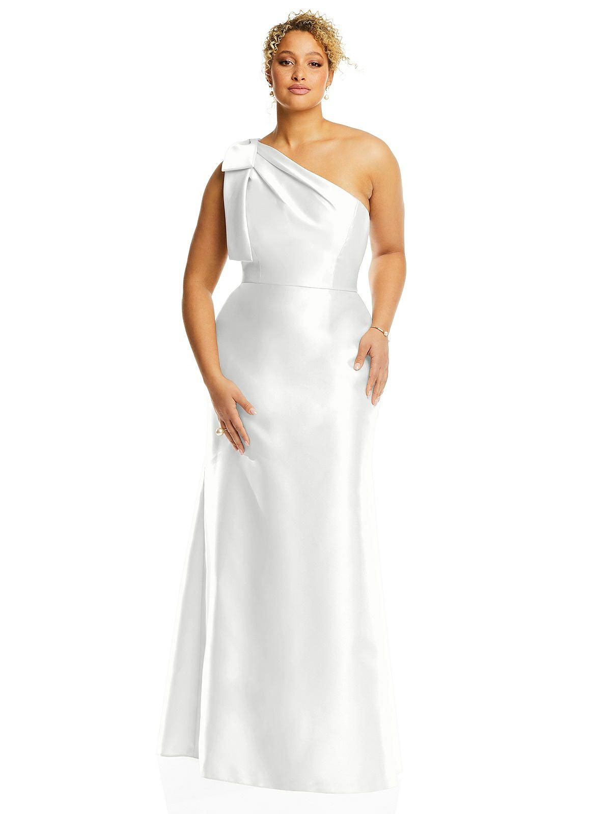 Bow One-Shoulder Satin Trumpet Gown in White | The Dessy Group