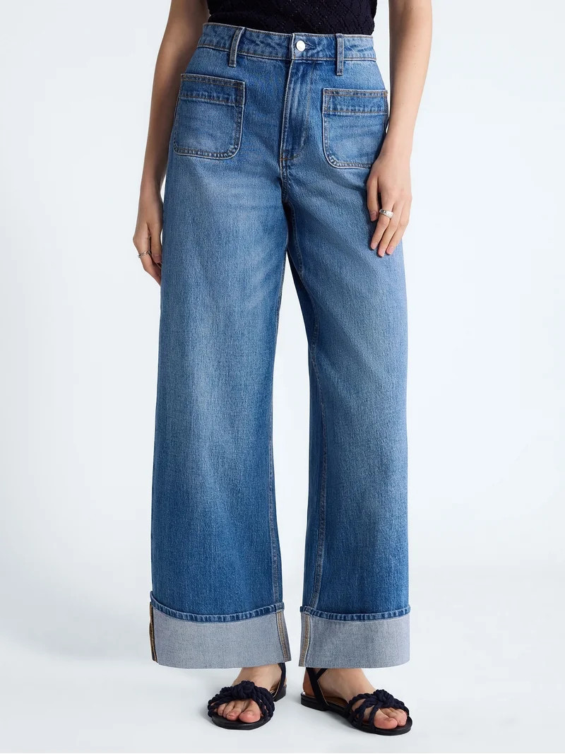Free Assembly Women's High Rise Patch Pocket Cuffed Jeans, 26" Inseam, Sizes 0-18 | Walmart (US)