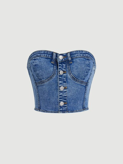 SHEIN ICON Blusa denim botão frontal tubo | SHEIN