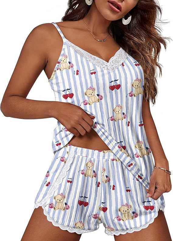 Ekouaer Womens Pajama Sets Soft Lingerie Sleepwear 2 Piece Cami Shorts Set V Neck Pj Lace Nightwe... | Amazon (US)