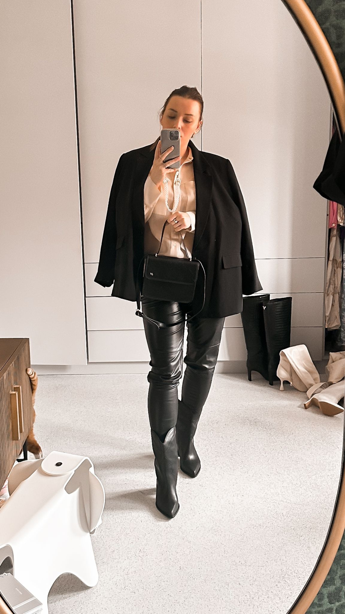 outfit inspiration, autumn style, office outfit, Josh V, H&M, leather trousers, ankle boots, black blazer, blouse, crossbody bag, phone cord, Netherlands. 

#LTKstyletip #LTKSeasonal #LTKeurope